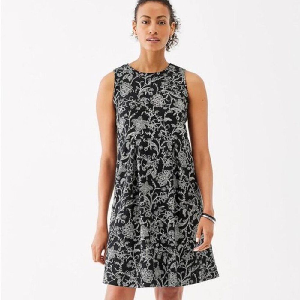 J Jill Wearever Pleated Knit A Line Dress Black Floral Size Small